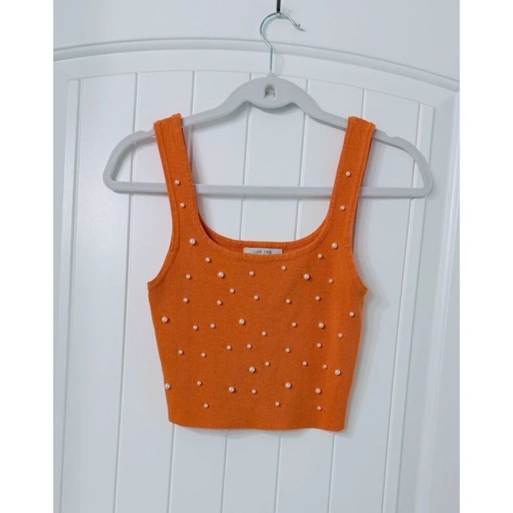 Love Tree Women’s M Orange Pearl Embellished Knit Crop Tank Top Square Neck
